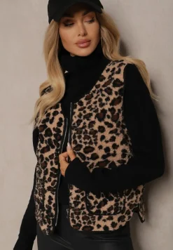 Beżowa Kamizelka w Panterkę z Wsuwanymi Kieszeniami Vamirya
