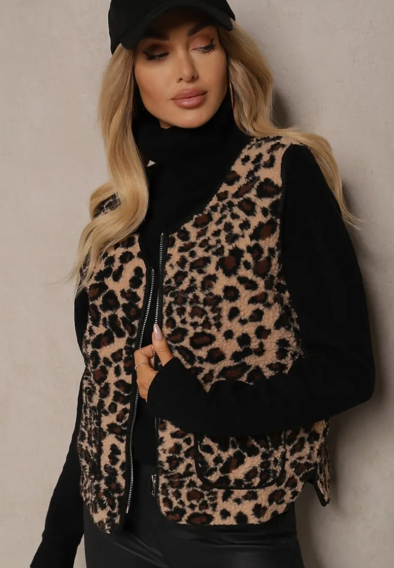 Beżowa Kamizelka w Panterkę z Wsuwanymi Kieszeniami Vamirya
