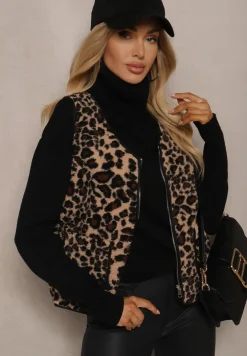 Beżowa Kamizelka w Panterkę z Wsuwanymi Kieszeniami Vamirya