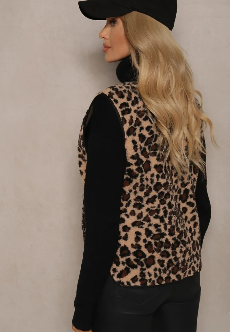 Beżowa Kamizelka w Panterkę z Wsuwanymi Kieszeniami Vamirya