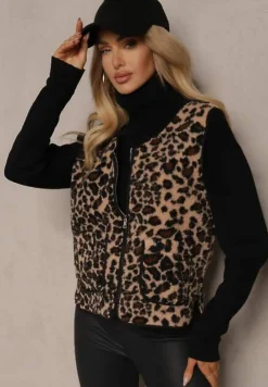 Beżowa Kamizelka w Panterkę z Wsuwanymi Kieszeniami Vamirya