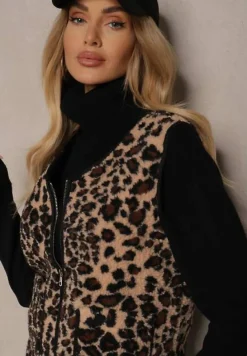 Beżowa Kamizelka w Panterkę z Wsuwanymi Kieszeniami Vamirya