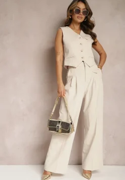 Beżowa Kamizelka w Stylu Garniturowym z Imitacją Kieszonek Odinen