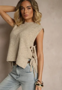 Beżowa Kamizelka z Dzianiny z Wełną i Wiskozą Zdobiona Wiązaniami Annivoriae