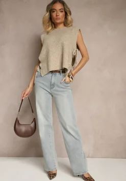 Beżowa Kamizelka z Dzianiny z Wełną i Wiskozą Zdobiona Wiązaniami Annivoriae