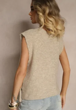 Beżowa Kamizelka z Dzianiny z Wełną i Wiskozą Zdobiona Wiązaniami Annivoriae