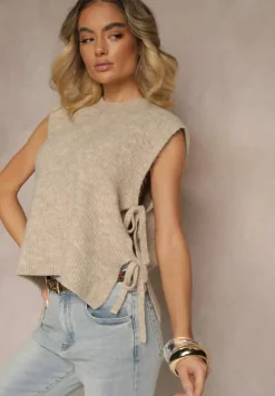 Beżowa Kamizelka z Dzianiny z Wełną i Wiskozą Zdobiona Wiązaniami Annivoriae