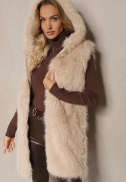 Beżowa Kamizelka z Futerkiem i Kapturem o Prostym Kroju Sinavira