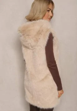 Beżowa Kamizelka z Futerkiem i Kapturem o Prostym Kroju Sinavira