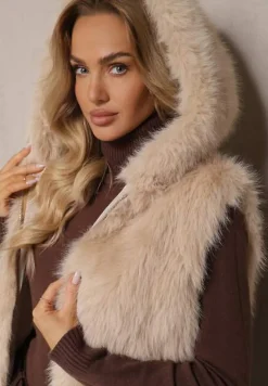 Beżowa Kamizelka z Futerkiem i Kapturem o Prostym Kroju Sinavira