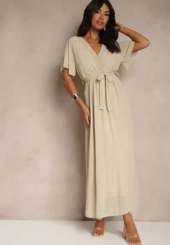 Beżowa Koktajlowa Brokatowa Sukienka z Paskiem Addlea