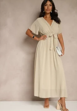 Beżowa Koktajlowa Brokatowa Sukienka z Paskiem Addlea