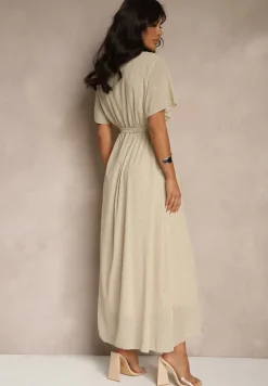 Beżowa Koktajlowa Brokatowa Sukienka z Paskiem Addlea