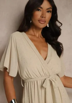 Beżowa Koktajlowa Brokatowa Sukienka z Paskiem Addlea