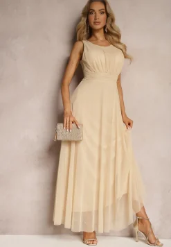 Beżowa Koktajlowa Sukienka z Tiulowym Dołem Bez Rękawów Elastar