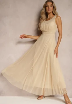 Beżowa Koktajlowa Sukienka z Tiulowym Dołem Bez Rękawów Elastar