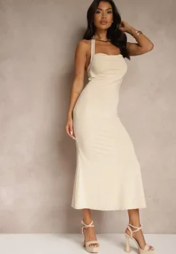 Beżowa Koktajlowa Sukienka Taliowana z Wiskozą Folarose