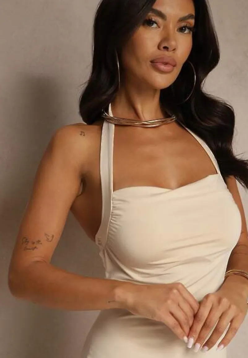 Beżowa Koktajlowa Sukienka Taliowana z Wiskozą Folarose