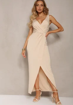 Beżowa Kopertowa Sukienka w Koktajlowym Stylu z MarszczeniemKalkisa