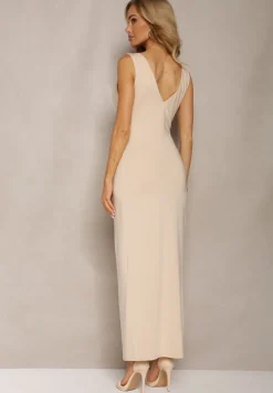 Beżowa Kopertowa Sukienka w Koktajlowym Stylu z MarszczeniemKalkisa