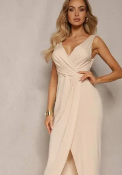 Beżowa Kopertowa Sukienka w Koktajlowym Stylu z MarszczeniemKalkisa