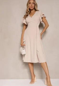 Beżowa Kopertowa Sukienka z Rozkloszowanym Dołem i Ozdobnym Wiązaniem Dannola