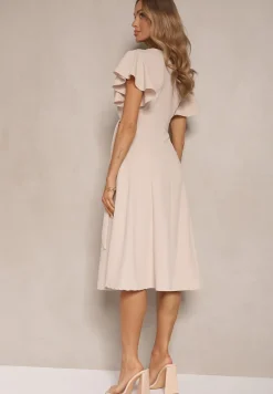 Beżowa Kopertowa Sukienka z Rozkloszowanym Dołem i Ozdobnym Wiązaniem Dannola