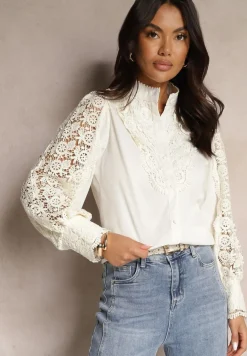 Beżowa Koronkowa Koszula ze Stójką Sariviel