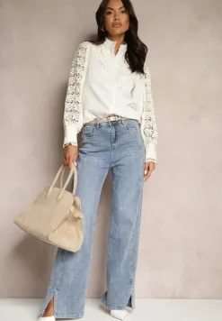 Beżowa Koronkowa Koszula ze Stójką Sariviel