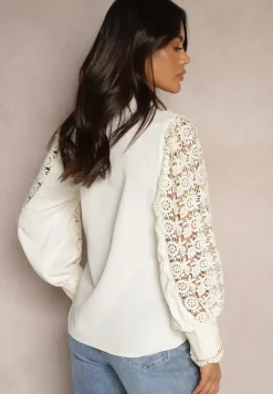 Beżowa Koronkowa Koszula ze Stójką Sariviel