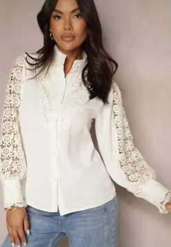 Beżowa Koronkowa Koszula ze Stójką Sariviel