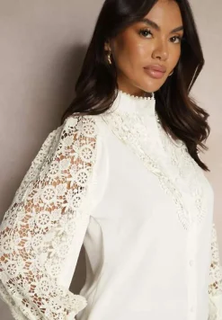 Beżowa Koronkowa Koszula ze Stójką Sariviel