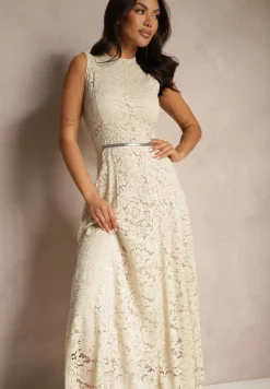 Beżowa Koronkowa Sukienka Taliowana Wilreti