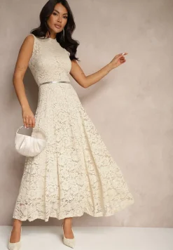 Beżowa Koronkowa Sukienka Taliowana Wilreti