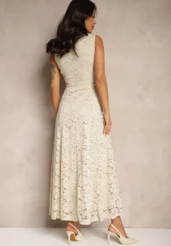 Beżowa Koronkowa Sukienka Taliowana Wilreti