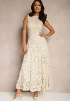 Beżowa Koronkowa Sukienka Taliowana Wilreti