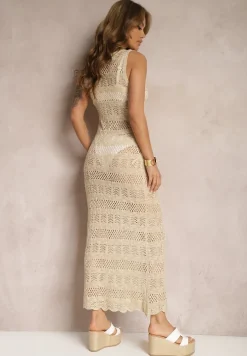 Beżowa Koronkowa Sukienka o Dopasowanym Kroju Ozdobiona Metaliczną Nitką Xinesa