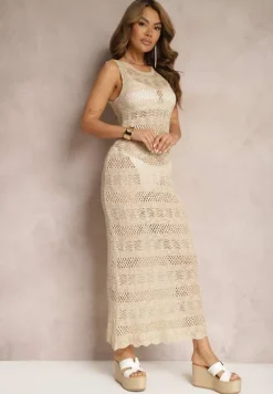 Beżowa Koronkowa Sukienka o Dopasowanym Kroju Ozdobiona Metaliczną Nitką Xinesa