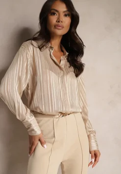 Beżowa Koszula Półprzezroczysta w Prążki Przeszyta Metaliczną Nicią Delorwin