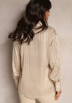 Beżowa Koszula Półprzezroczysta w Prążki Przeszyta Metaliczną Nicią Delorwin