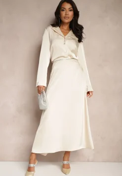 Beżowa Koszula Satynowa z Małymi Wycięciami na Dole Klimea