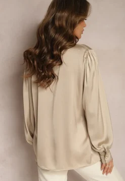 Beżowa Koszula Satynowa z Cyrkoniami i Perełkami oraz Kołnierzykiem Dokeria