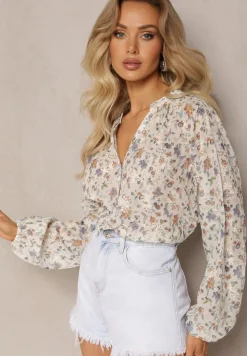 Beżowa Koszula w Kwiaty ze Stójką Przy Karku Ivaler