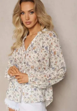 Beżowa Koszula w Kwiaty ze Stójką Przy Karku Ivaler