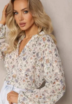 Beżowa Koszula w Kwiaty ze Stójką Przy Karku Ivaler