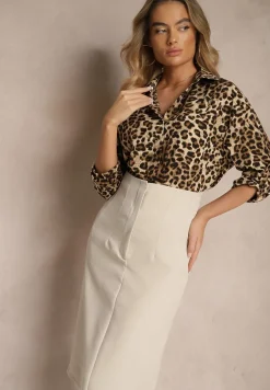 Beżowa Koszula w Panterkę z Bawełną z Rękawami z Regulacją Preadia