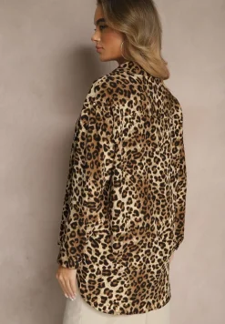 Beżowa Koszula w Panterkę z Bawełną z Rękawami z Regulacją Preadia