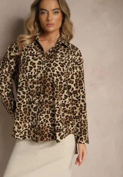 Beżowa Koszula w Panterkę z Bawełną z Rękawami z Regulacją Preadia