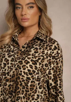 Beżowa Koszula w Panterkę z Bawełną z Rękawami z Regulacją Preadia