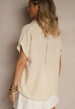 Beżowa Koszula w Paski z Krótkim Rękawem Vimorina